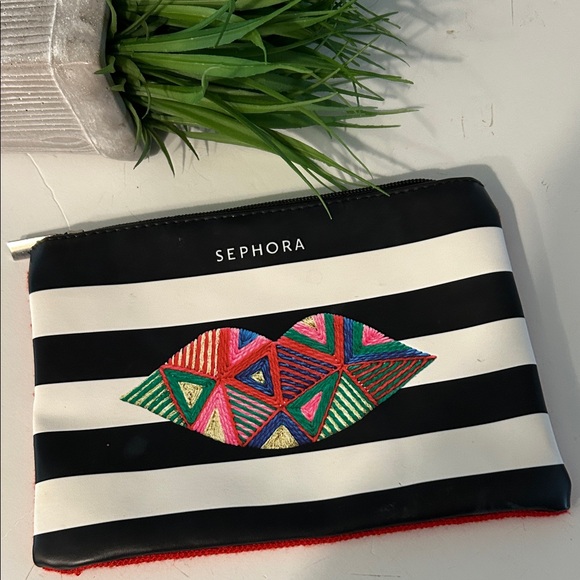 Sephora Handbags - Sephora Black & White Striped Cosmetic Pouch with Colorful “Embroidered” Lips